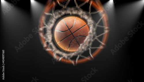 Basketball ball speed fast over the hoop and spot lights  background 3D rendering © mentalrayman