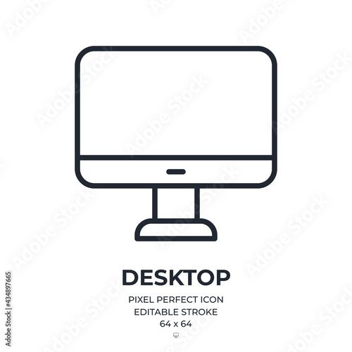 Desktop computer editable stroke outline icon isolated on white background flat vector illustration. Pixel perfect. 64 x 64.