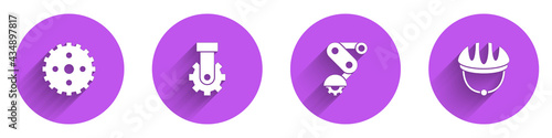 Set Bicycle sprocket crank, Derailleur bicycle rear, and helmet icon with long shadow. Vector