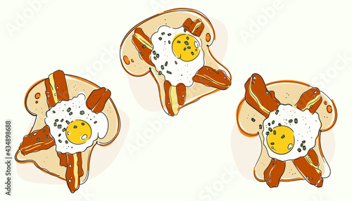 A set of three illustrations of hot breakfasts. Sandwiches for the morning. Delicious snacks. Images of delicious instant food. Scrambled eggs with bacon on bread. Nutritious toast.