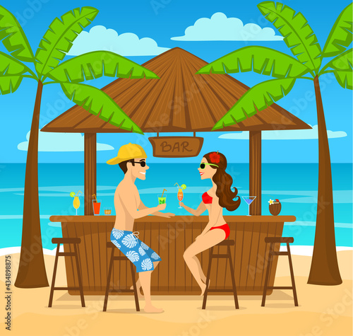 Man and woman enjoying summer vacation, drink cocktails at beach bar, sitting under palm trees, colorful cartoon vector illustration