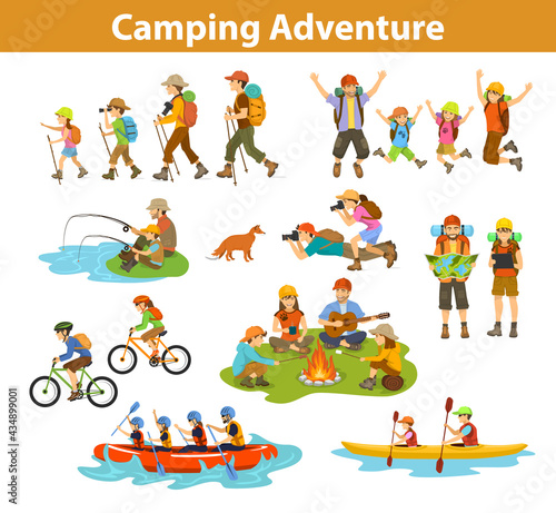Family, couple, children camping, rafting, hiking, sitting at campfire, make photos of animals, kayaking, mountain biking, planning trip looking at map and tablet, jumping, fishing. 