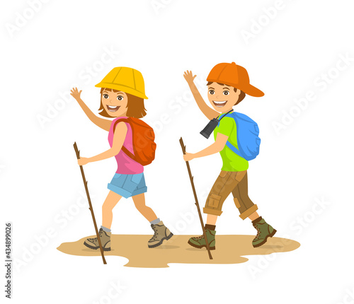 Children, kids, boy and girl hiking, camping, walking, trekking scene isolated vector illustration