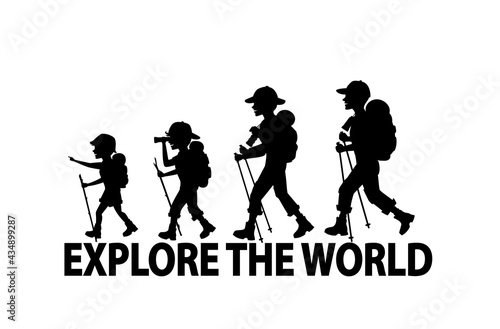 family hiking trekking together, silhouettes scene