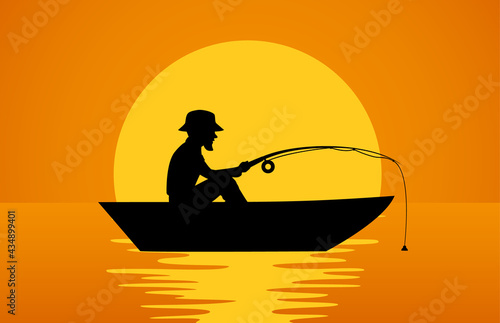 man fishing on boat at sunset silhouette