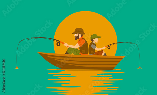 father and son fishing on boat on a lake