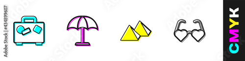 Set Suitcase, Sun protective umbrella, Egypt pyramids and Heart shaped love glasses icon. Vector