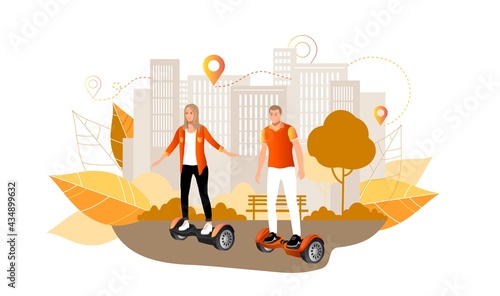 Young man and woman ride in the city park on a two-wheeled electric gyro scooter. Vector illustration.