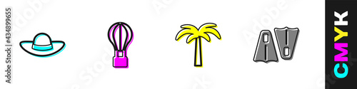 Set Elegant women hat, Hot air balloon, Tropical palm tree and Rubber flippers for swimming icon. Vector