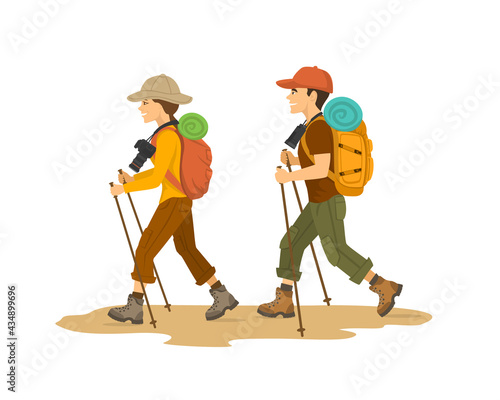 man and woman, couple hikers traveling trekking with backpacks isolated vector illustration