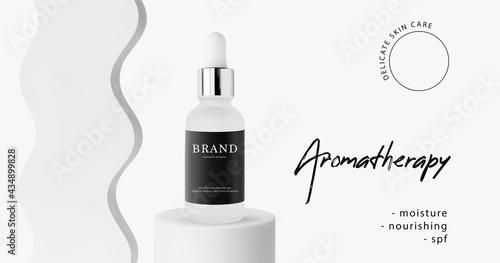 Serum jar with dropper on cylinder podium stage and wave decor 3d realistic vector illustration. Skincare product ad mockup cosmetic on white background banner. Minimalist scene