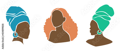 Group of Afro american womans in flat style. Black skin girls with headwear and curly hair. Vector illustration