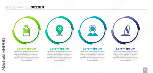 Set Whiskey bottle, Plane, Location and Surfboard. Business infographic template. Vector