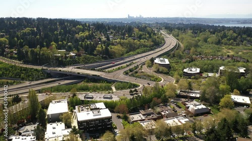 Cinematic 4K aerial drone shot of Lakeview, Lucerne, Clyde Hill, Lake Washington commercial, residential neighborhoods near Bellevue, Kirkland and Seattle, King County, Washington photo