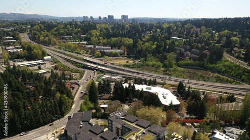 Cinematic 4K aerial drone clip of Lakeview, Lucerne, Clyde Hill, Lake Washington commercial, residential neighborhoods near Bellevue, Kirkland and Seattle, King County, Washington photo