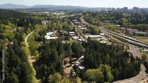 Cinematic 4K aerial drone dolly shot of Lakeview, Lucerne, Clyde Hill, Lake Washington commercial, residential neighborhoods near Bellevue, Kirkland and Seattle, King County, Washington photo