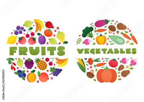 Fruit and vegetable concept. Set of two circle compositions of fruits and vegetables drawn in a flat style. Vector 10 EPS. © slybrowney