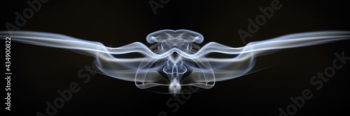 Colorful abstract Swirls of smoke against a black background that resemble an alien, monster that spread its wings