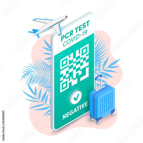 Electronic negative pcr coronavirus test, health passport QR code on smartphone screen vector isometric concept. Covid-19 green certificate for safe tourism on mobile phone. Health pass application