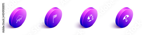 Set Isometric Cloud with rain, Cone windsock wind vane, Water drop percentage and Umbrella icon. Vector