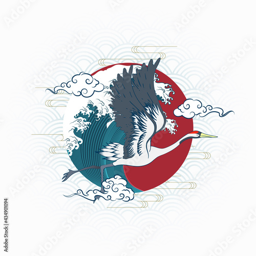 Seamless Art Japanese Repeat Pattern of Crane Flapping Wings Fly Forward in the Circle of Red Sun with Blue Torrential Wave Graphic on White Water Wave Repeat Pattern Background Design Wrapping Paper