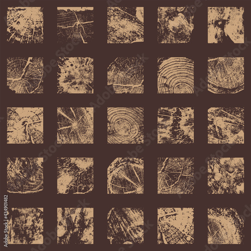 Abstract seamless pattern with square wooden tiles on a brown backdrop. Monochrome background in grunge style consisting of different timber textures. Wallpaper, wrapping paper, floor covering, fabric