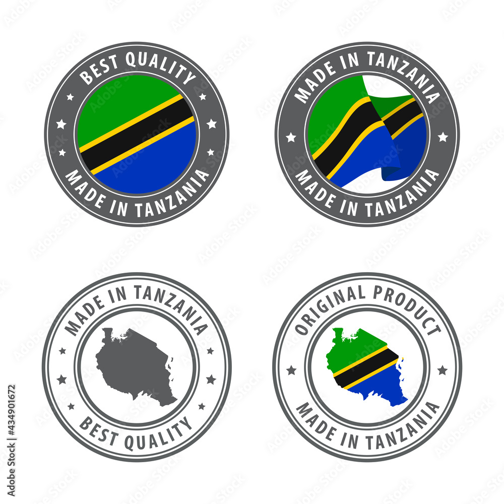 Made in Tanzania - set of labels, stamps, badges, with the Tanzania map and flag. Best quality. Original product. Made in Tanzania - set of labels, stamps, badges, with the Tanzania map and flag. Best quality. Original product.