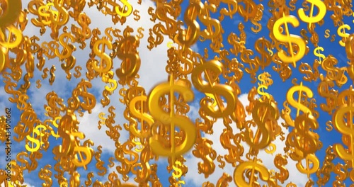Many 3d dollar symbol, gold color, drop, on sky background.
