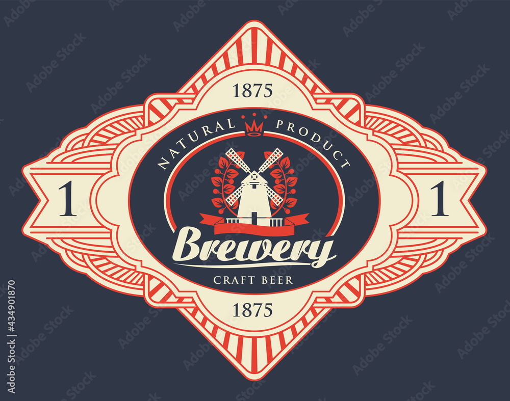 Beer label with windmill, laurel wreath and inscription Brewery in a figured frame isolated on a dark background. Vector sticker, tag, badge or emblem in retro style for brewery, bar, pub, brasserie