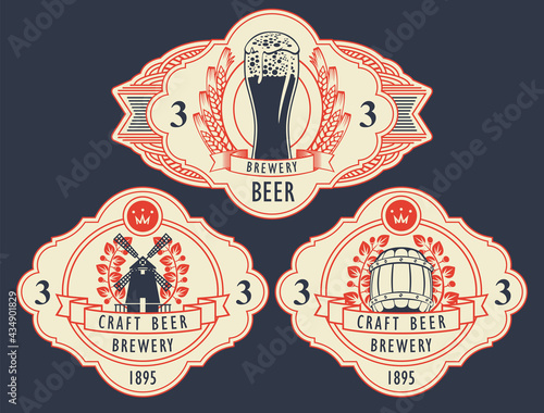 Set of three labels for brewery craft beer in figured frames in retro style. Vector labels with an overflowing glass of beer, a windmill, a wooden barrel, armorial wheat and laurel wreaths and text