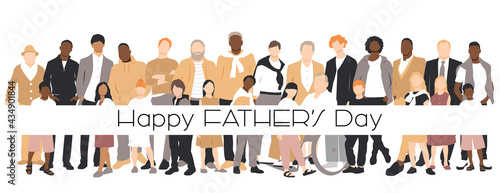 Happy Father's Day card. Multicultural group of fathers with kids. Flat vector illustration.