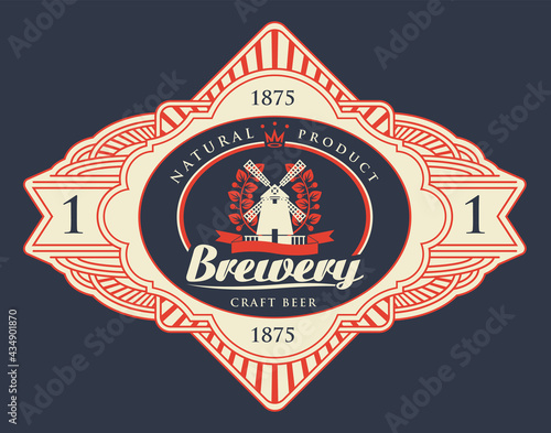 Beer label with windmill, laurel wreath and inscription Brewery in a figured frame isolated on a dark background. Vector sticker, tag, badge or emblem in retro style for brewery, bar, pub, brasserie