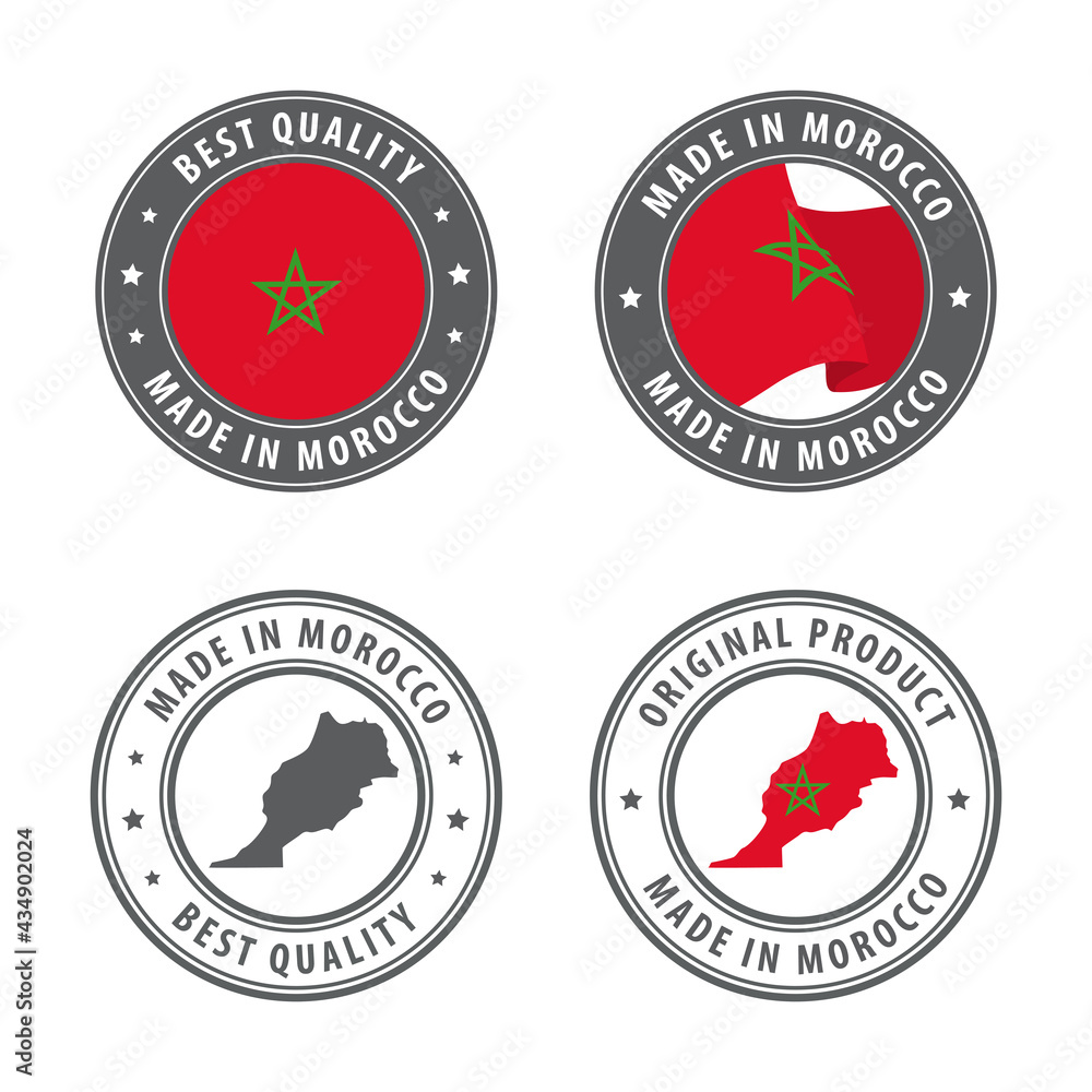 Made in Morocco - set of labels, stamps, badges, with the Morocco map and flag. Best quality. Original product. Made in Morocco - set of labels, stamps, badges, with the Morocco map and flag. Best quality. Original product.