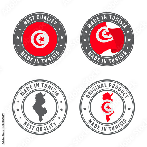 Made in Tunisia - set of labels, stamps, badges, with the Tunisia map and flag. Best quality. Original product.