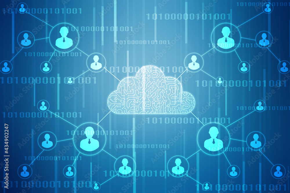 2d illustration of Cloud computing, Digital Cloud computing Concept background. Cyber technology, internet data storage, database and mobile server concept
