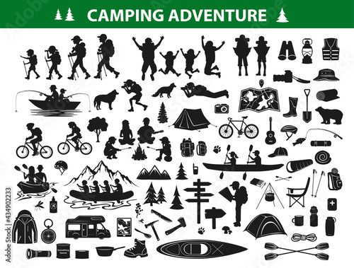 camping hiking silhouette collection set. people trekking, navigating, sitting at campfire tent, kayaking, rafting, fishing, mountain biking. Campsite gear, equipment, accessories: backpack