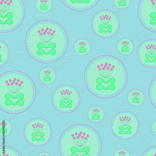Seamless pattern with flowers in bubbles 