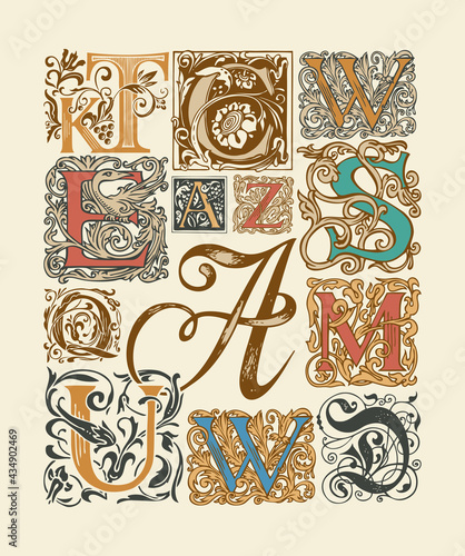 Vector set of ornate initial letters with Baroque ornaments. Hand-drawn vintage capital letters on a light background. Colored beautiful uppercase letters for monogram, logo, emblem, card, invitation