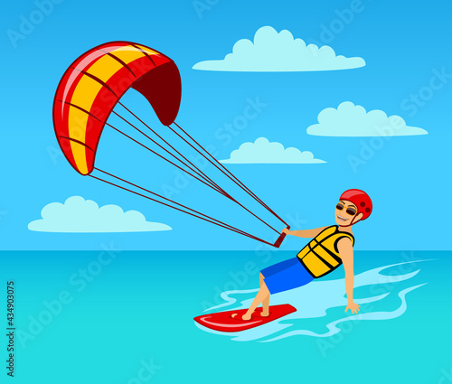 man kitersurfing on water cartoon vector illustration