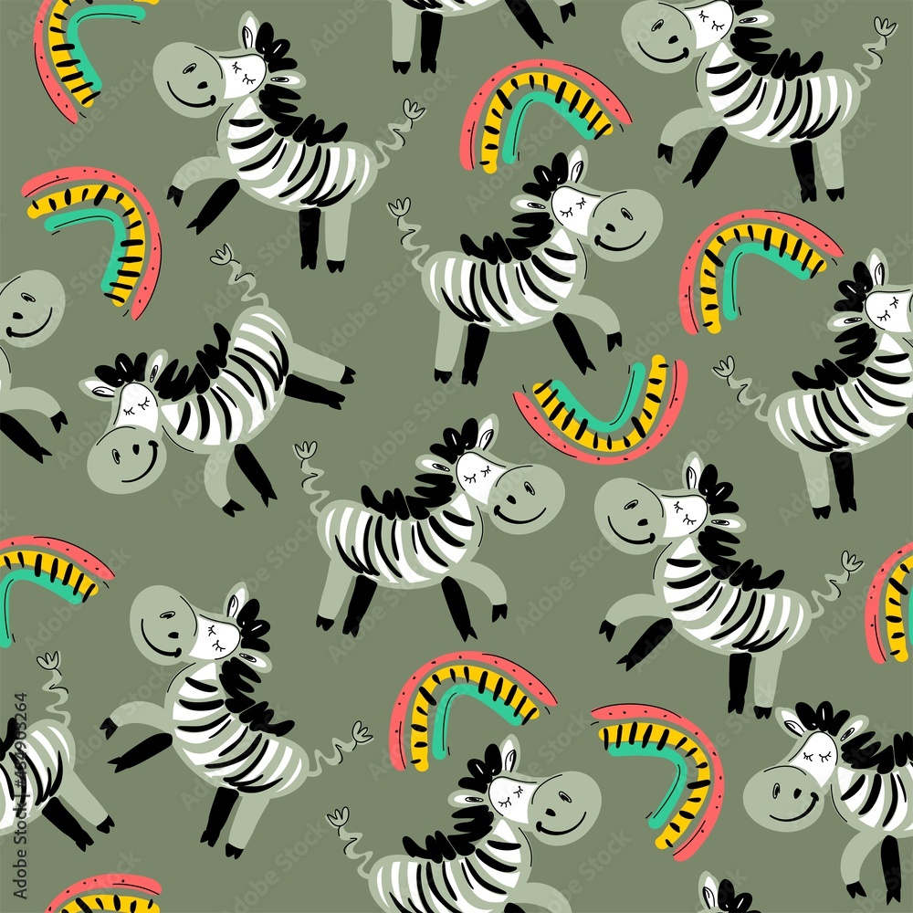 Seamless pattern with zebra and rainbow. Cartoon zebras for textiles, wallpaper, background. Vector illustration
Seamless pattern with zebra and rainbow. Cartoon zebras for textiles, wallpaper, background. Vector illustration