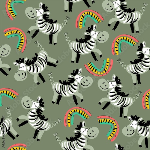 Seamless pattern with zebra and rainbow. Cartoon zebras for textiles  wallpaper  background. Vector illustration  