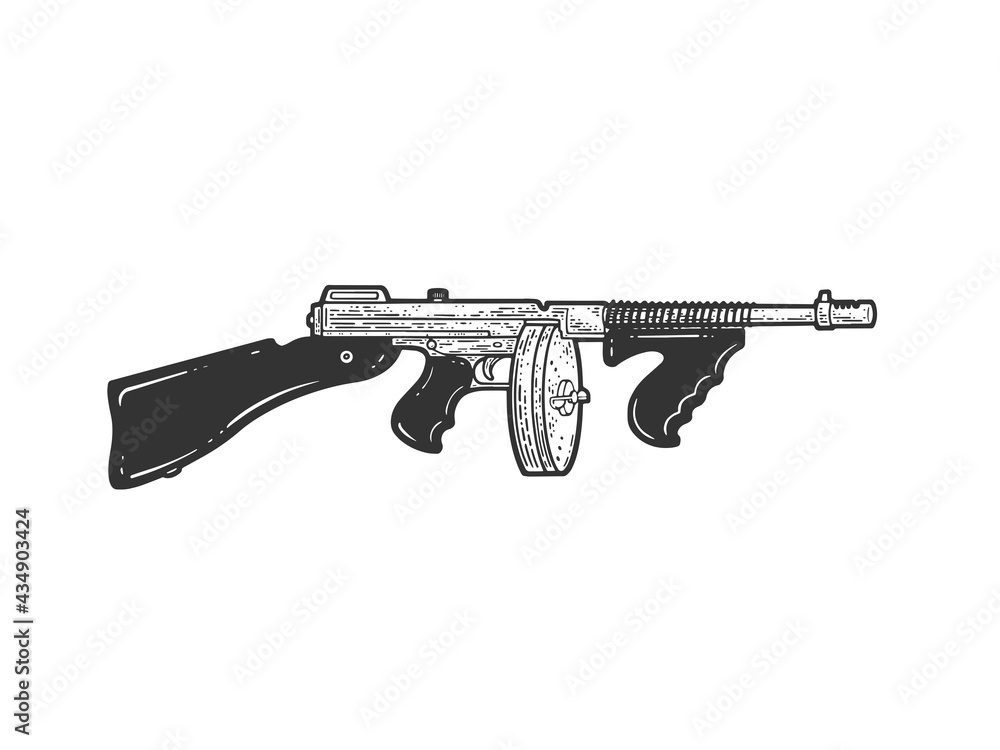 Thompson submachine gun line art sketch engraving vector illustration. T-shirt apparel print design. Scratch board imitation. Black and white hand drawn image. Thompson submachine gun line art sketch engraving vector illustration. T-shirt apparel print design. Scratch board imitation. Black and white hand drawn image.