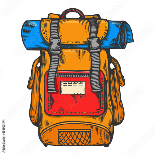 Tourist backpack line art color sketch engraving vector illustration. T-shirt apparel print design. Scratch board imitation. Black and white hand drawn image.