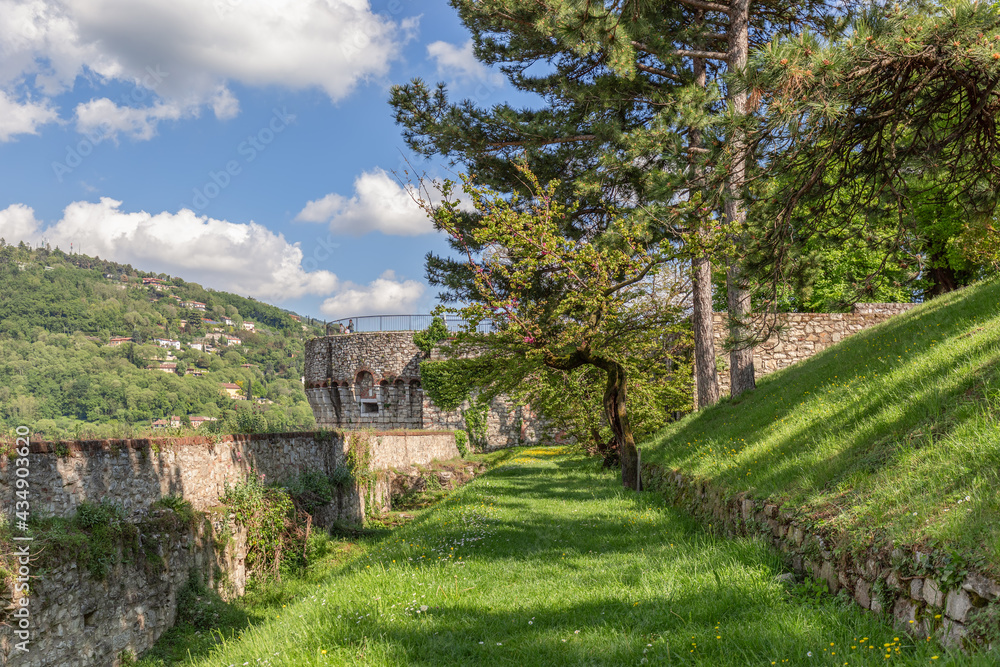 Upper Park behind the castle walls in Brescia town. Lombardy, Italy