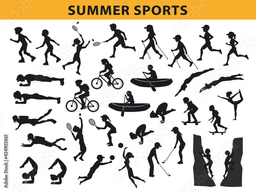 summer, outdoor sports silhouette collection, man  woman run, nordic walking, roller skating, swim, do yoga, climbing, cycling, skateboarding, travel, scuba diving, play tennis, golf, badminton