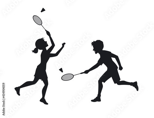 man and woman badminton players silhouettes