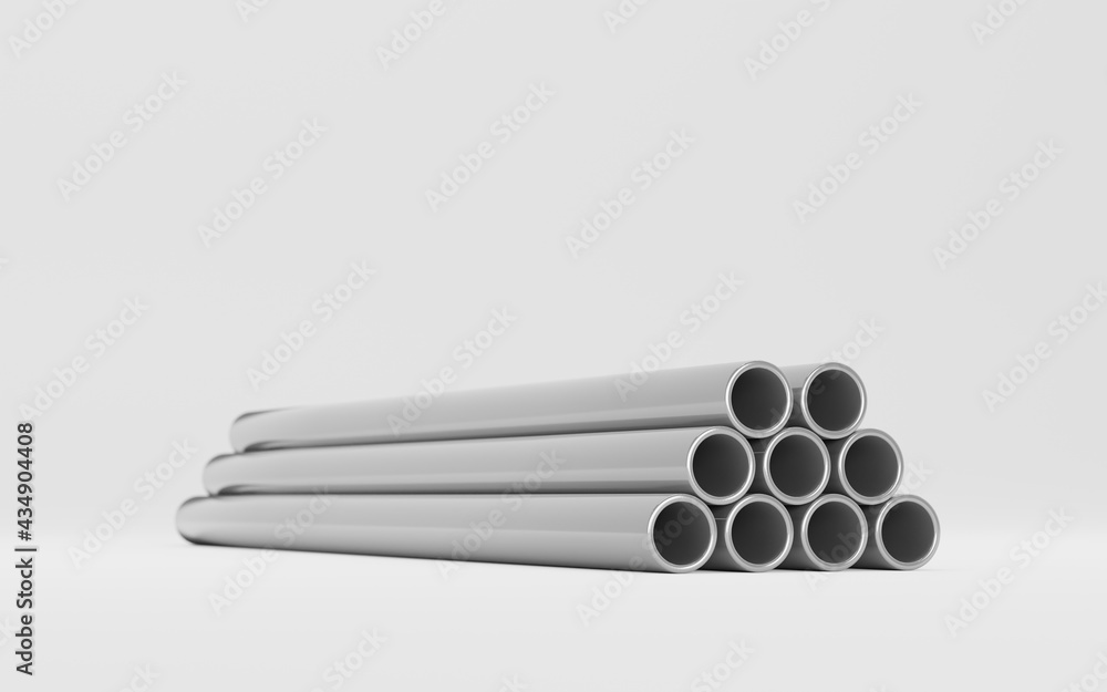 Metal pipes stack, round straight aluminum, stainless or pvc plumbing  pipelines 3d illustration. Galvanized parts for conducting factory or  construction works, steel tubes set on white background Photos | Adobe Stock