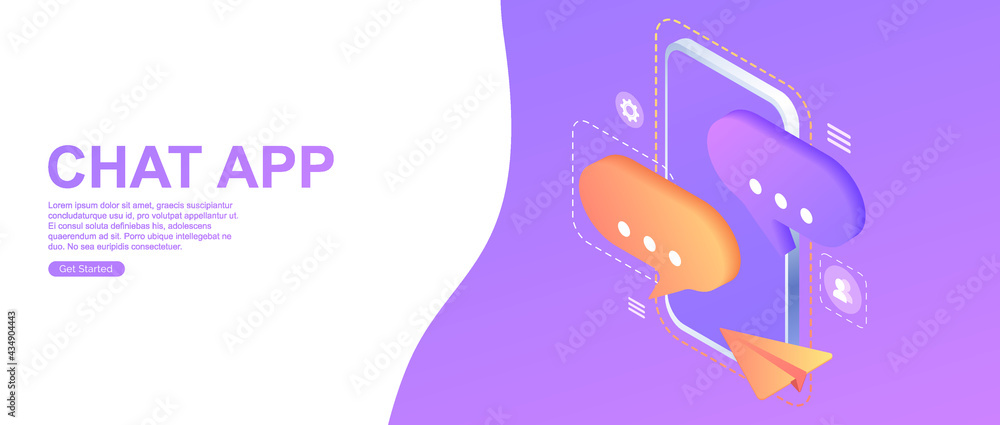 Naklejka premium Chat app. Digital communication. Instant messenger vector illustration concept, mobile smartphone for chatting in social media. Landing page, template, web, banner, homepage. Isometric