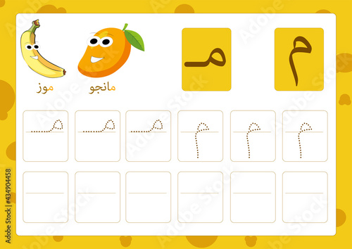 Arabic alphabet mim with a picture of a banana and mango, Translation(banana and mango)