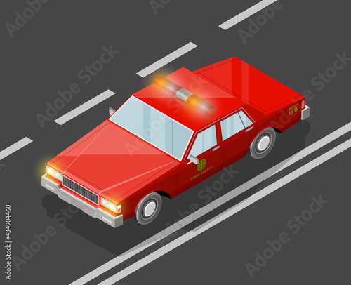 Flat 3D isometric fire dept car model road. City transport automobile set. Sedan fire department auto. Urban classic motor vehicle. Auto infographic route. isometric fire automobile icon set